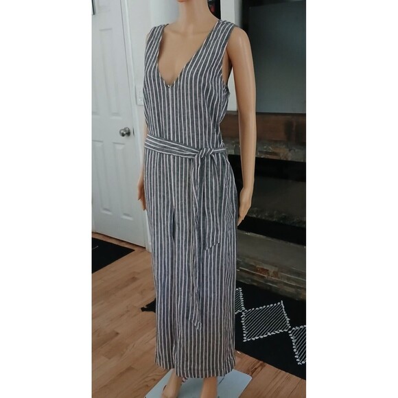 Wide Leg Linen Blend Jumpsuit Romper Sleeveless Pinstriped Pockets Wrap Belt XL - Picture 6 of 16